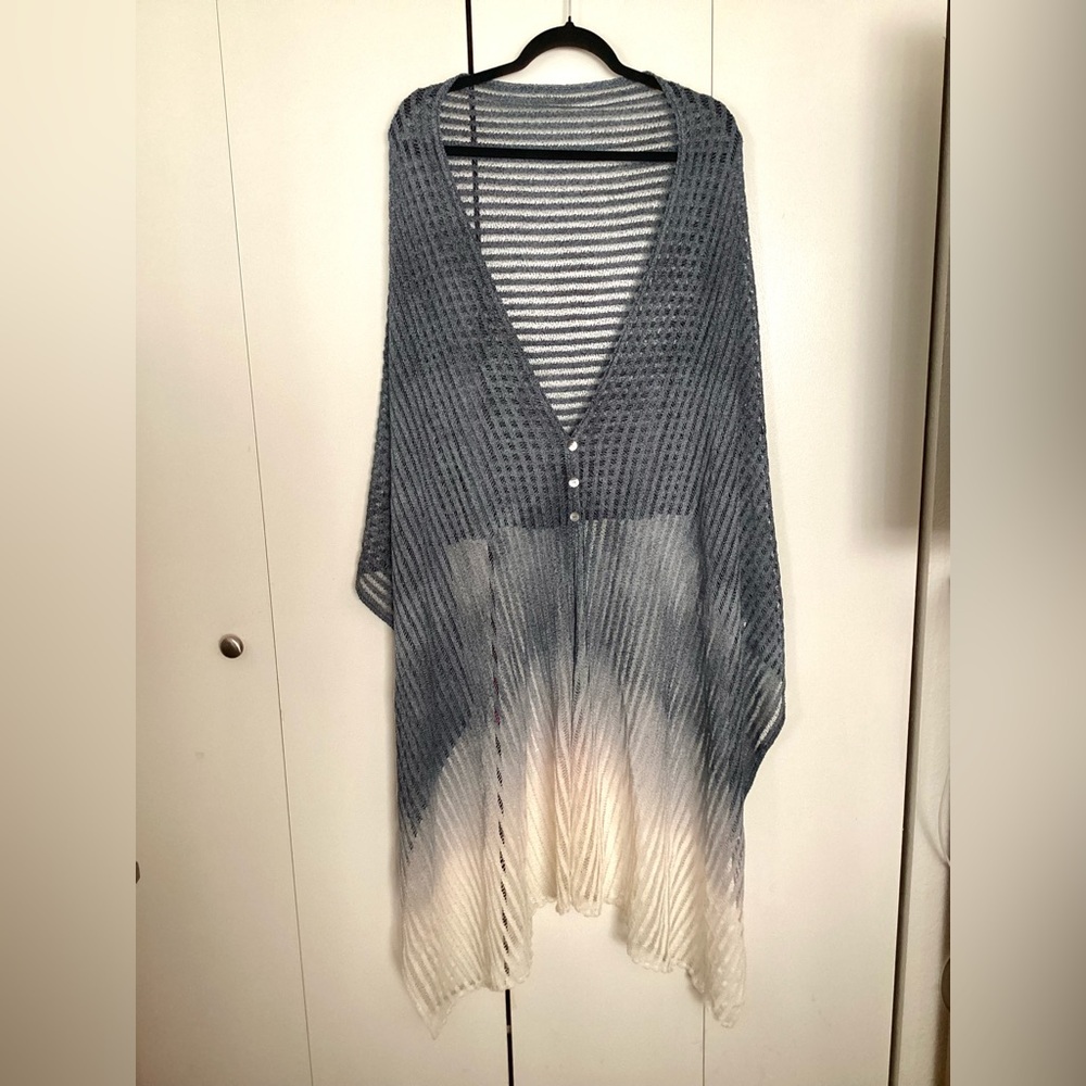 One of a kind art to wear loose knit lacy cardigan/scarf. Steel blue
